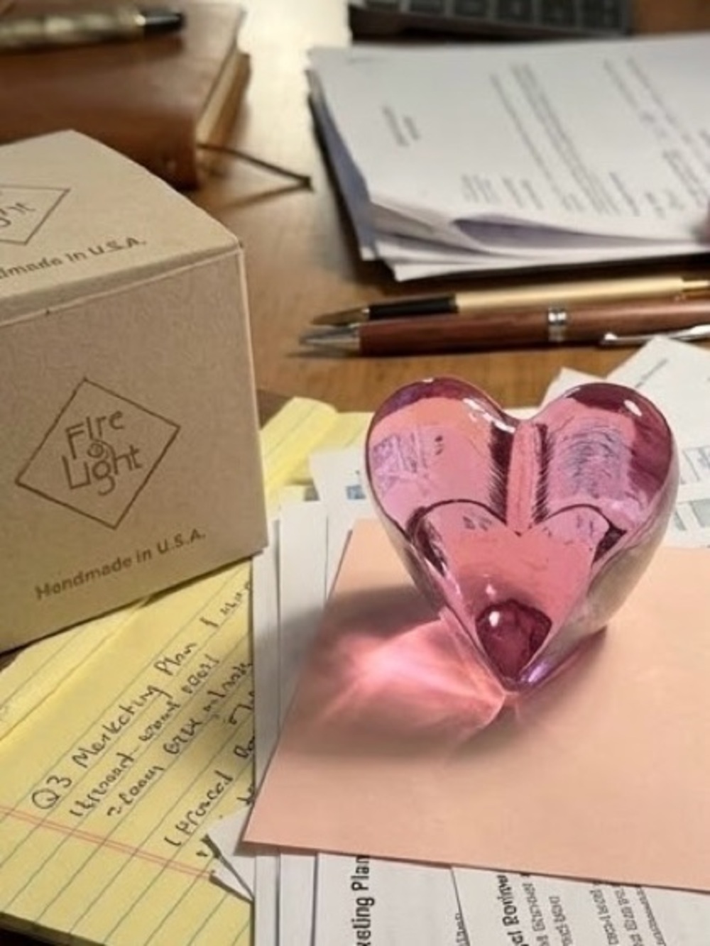 Firelight Glass Handmade Pink Glass Heart Paperweight with Original Box